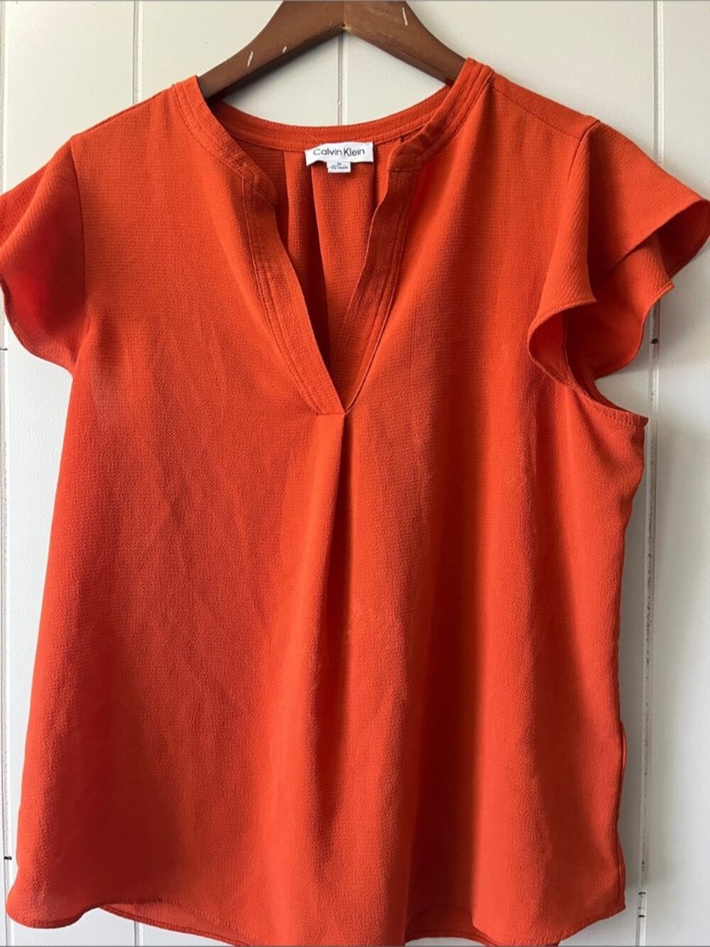 Bright Orange V-Neck Flutter Sleeve Blouse - Picture 2 of 5